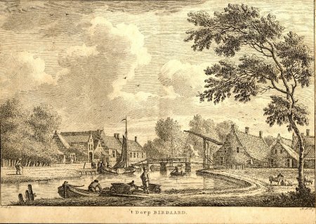 Afbeelding 2: Eén van de oudste afbeeldingen van het dorp, een gravure van J. Bulthuis waarschijnlijk uit eind 18e eeuw, de eerste ophaalbrug was namelijk al aangelegd